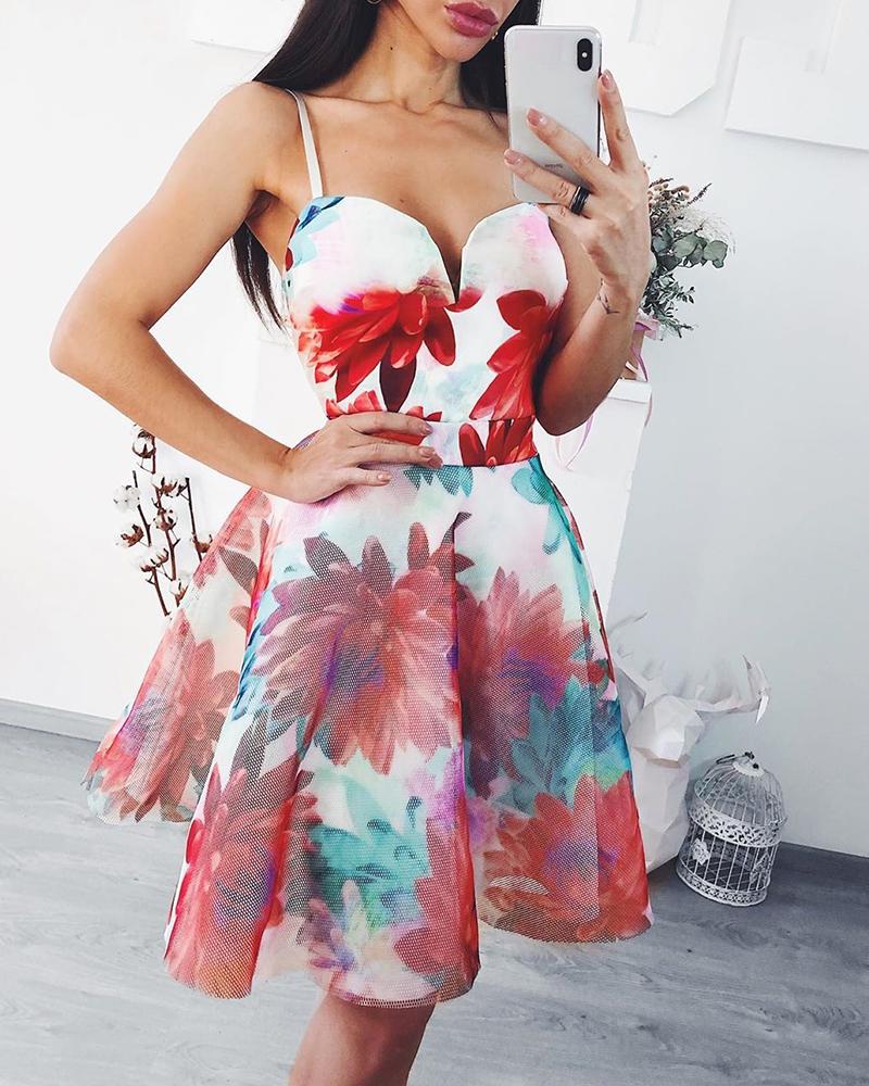 

Floral Print Sheer Spaghetti Strap Mesh Overlay Dress, Red
