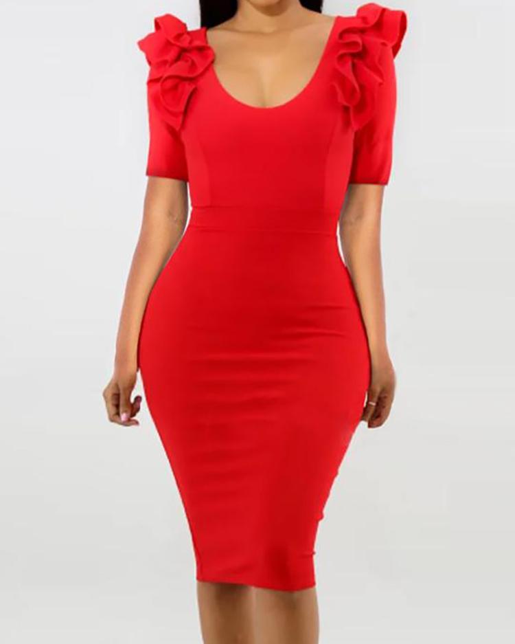

Ruffle Shoulder Zip Up Back Midi Dress