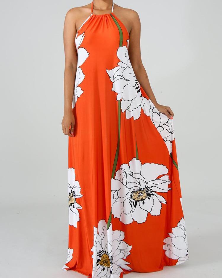 

Floral Print Open Back Halter Maxi Dress, Orange