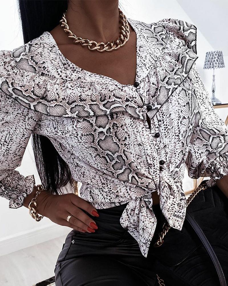 

Snakeskin Long Sleeve Loose Ruffles Blouse