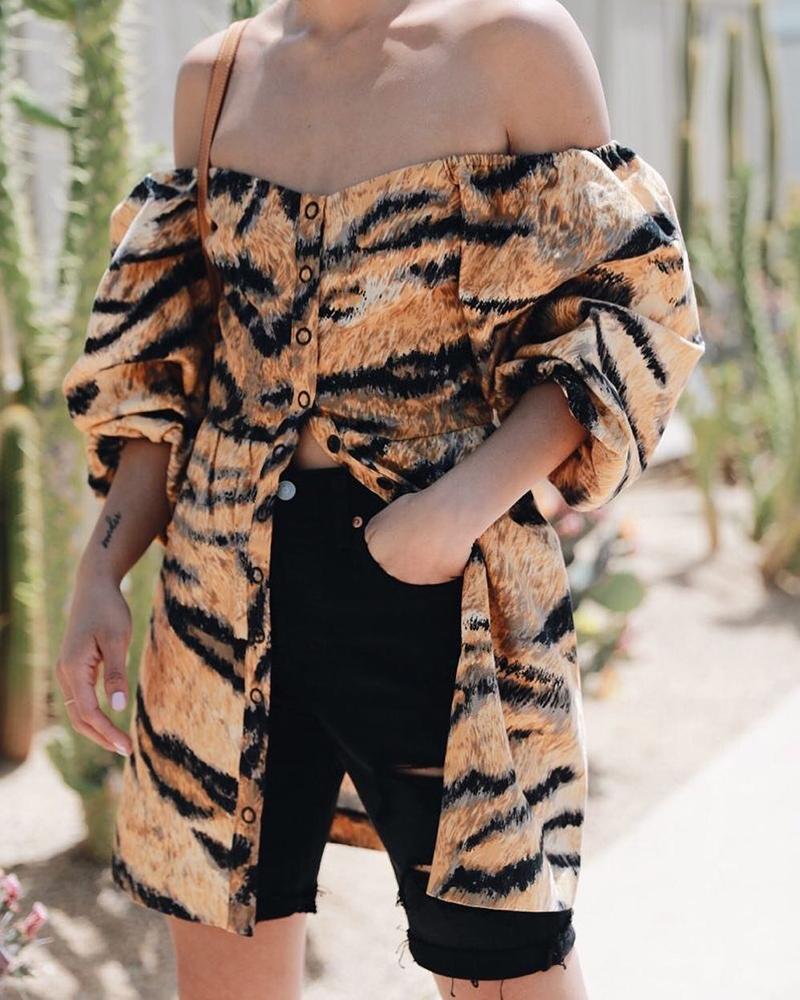 

Off Shoulder Tiger Print Button Down Long Blouse