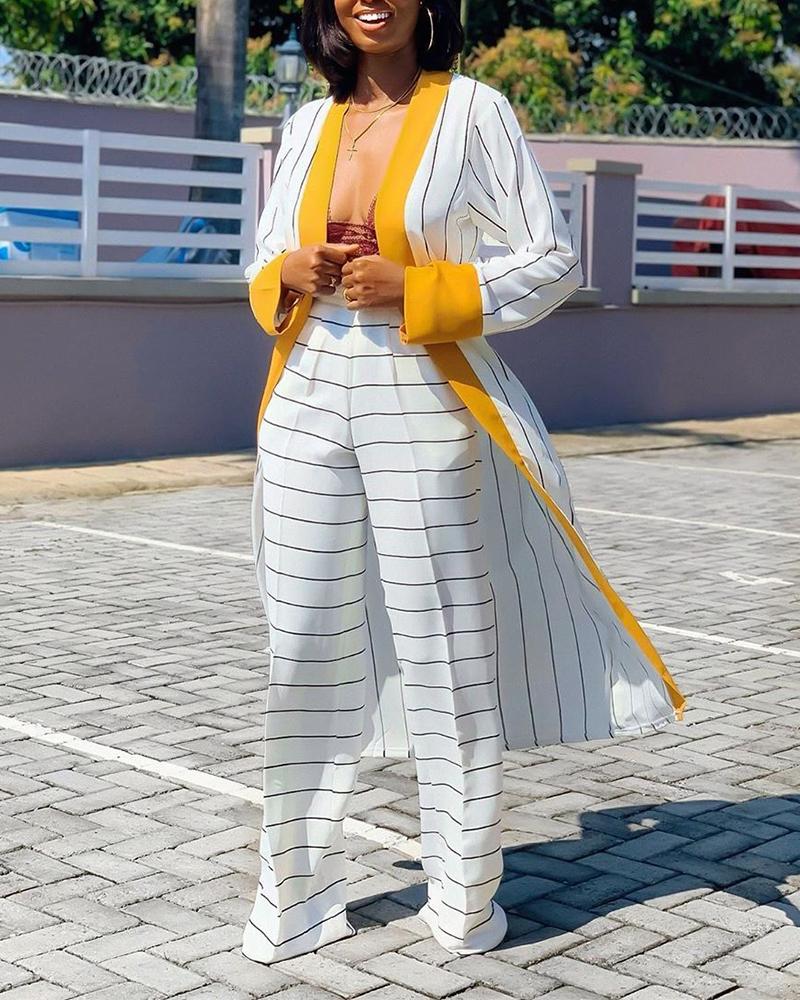 

Striped Long Coat & Pants Set, White