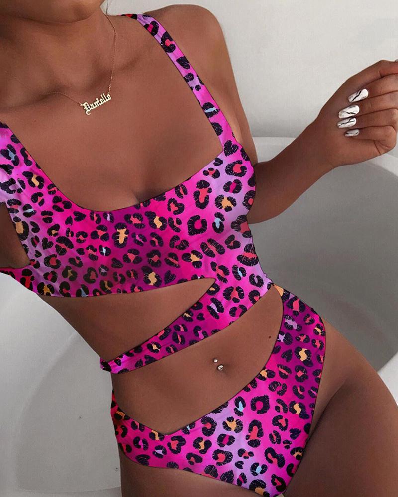 

Leopard Print Cutout One Piece Swimwear, Purple