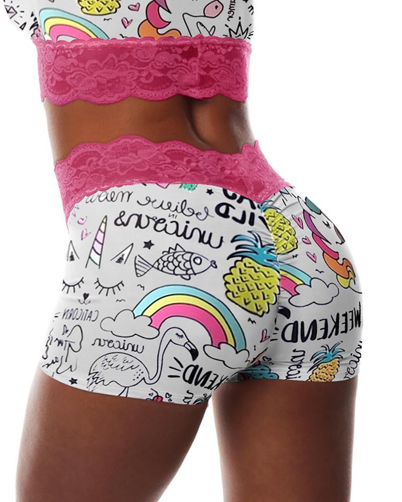 

Crochet Lace Trim Mixed Print Casual Shorts, Multicolor