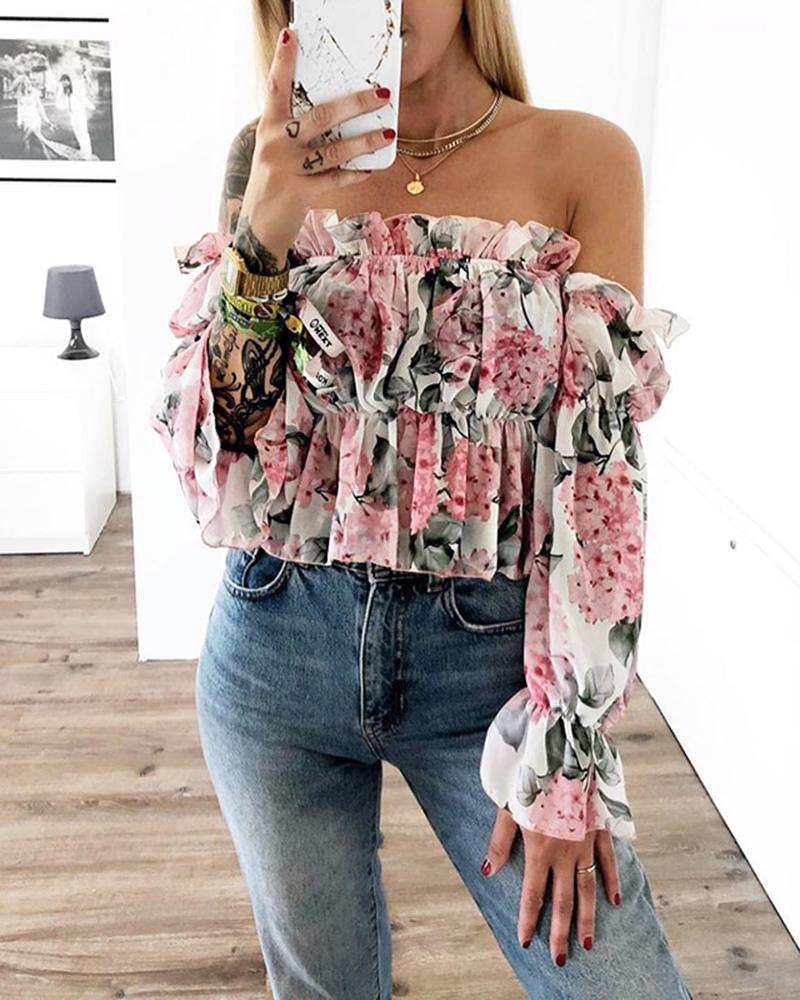 

Flounced Floral Printed Off Shoulder Blouse