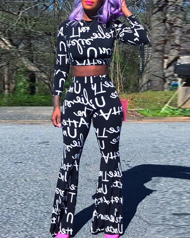 

Letter Print Long Sleeve Crop Top Set, Black