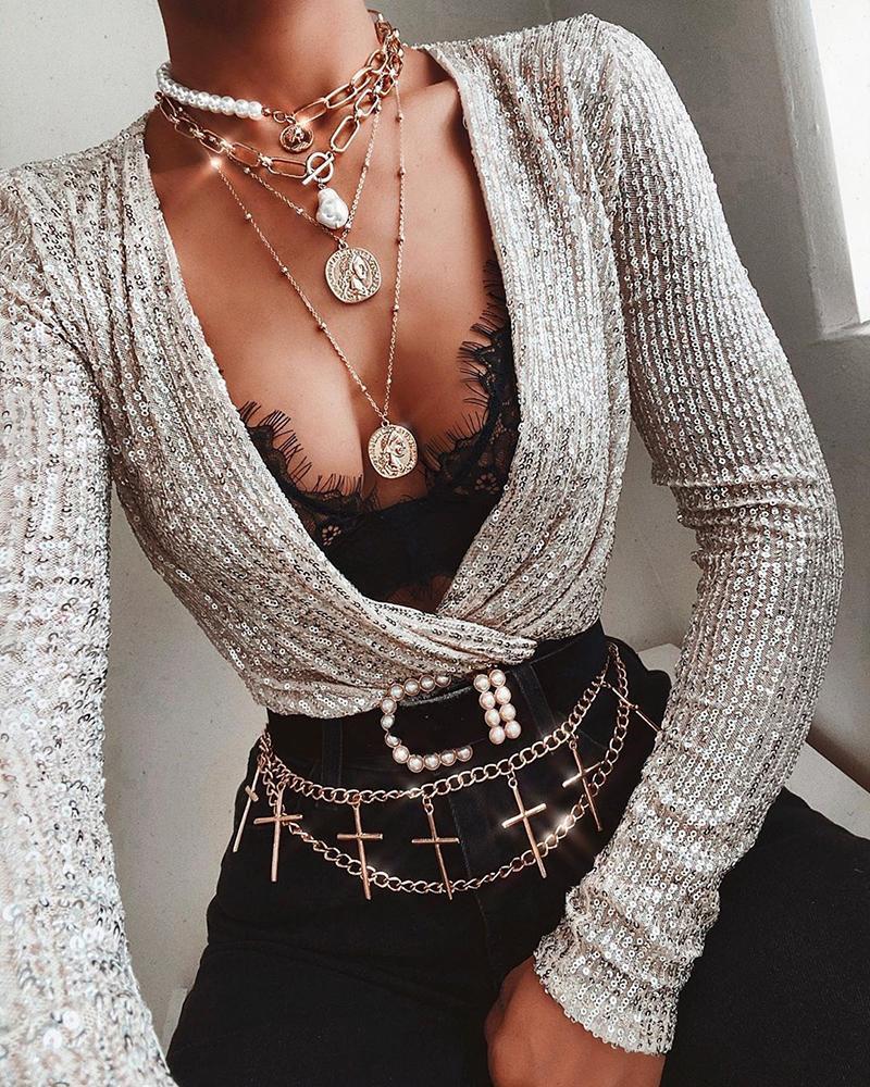 

Long Sleeve Sequins Bodysuit, Silver