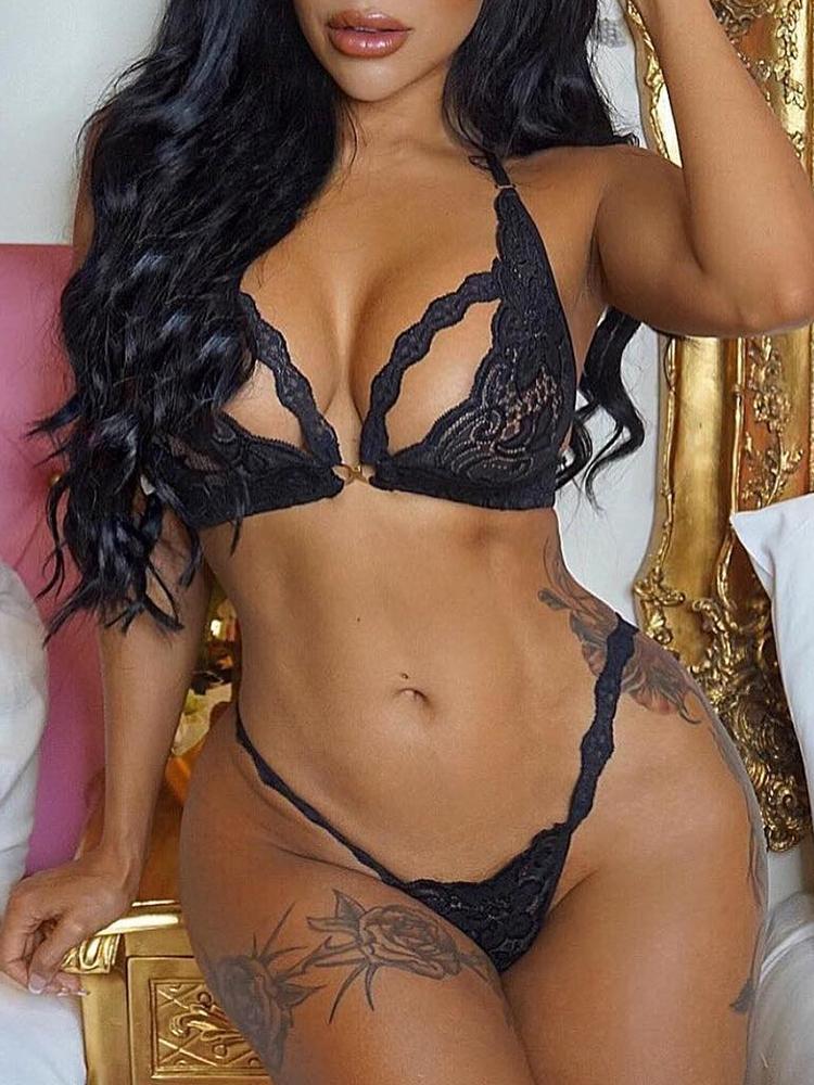 

Lace Cut Out Front Lingerie Set, Black