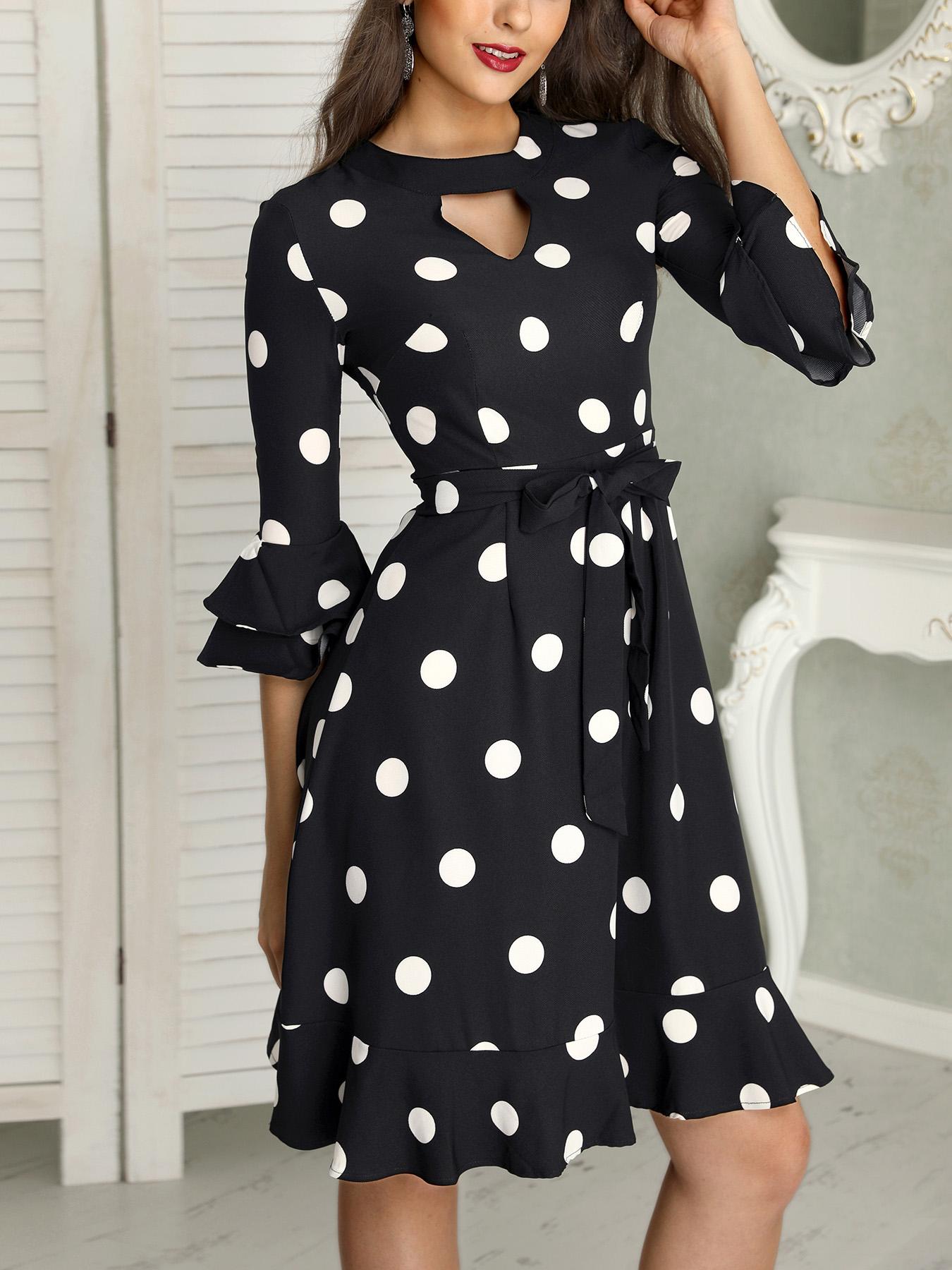 

Polka Dot Print Ruffle Belted Casual Dress, Black