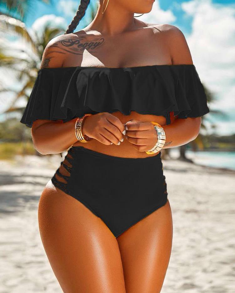 

Off Shoulder Ruffles Ladder Cut Out Bikini Set, Black