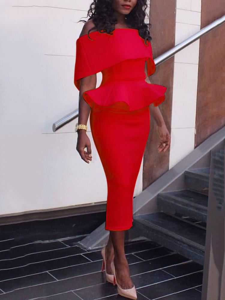 

Women Slash Neck Fold-over Shoulder Peplum Bodycon Dress, Red