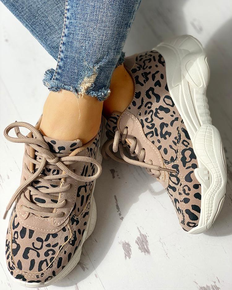 

Leopard Insert Lace-Up Casual Sneakers, Khaki