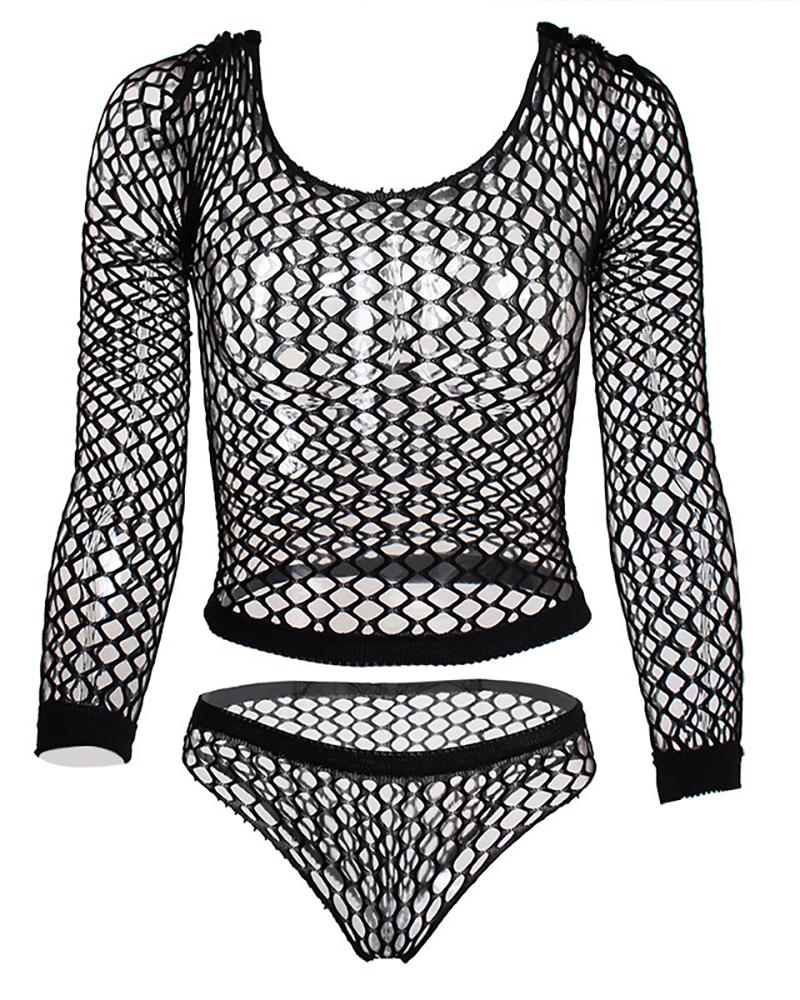 

Fishnet Long Sleeve Crop Top & Panty Set, Black