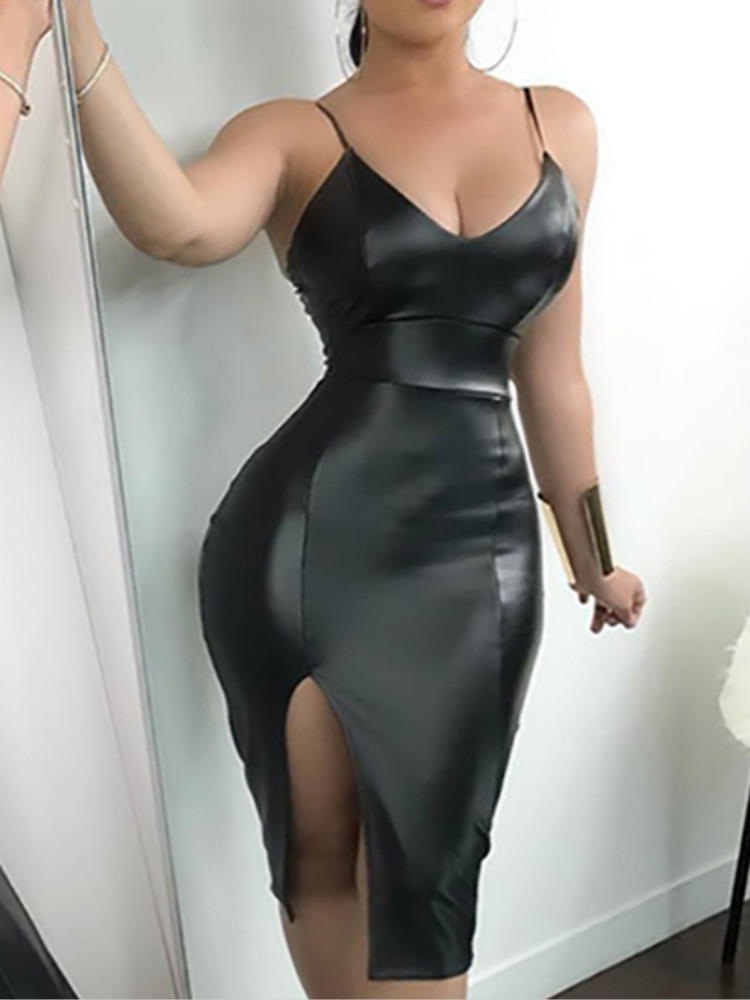 

Sexy PU High Slit Bodycon Slip Dress