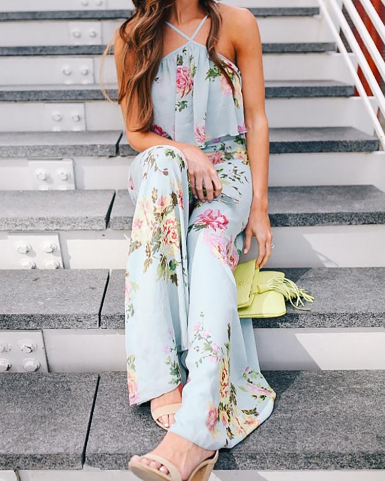 

Floral Flowy Halter Strappy Flounce Wide Leg Jumpsuit Jumper Suit, Multicolor