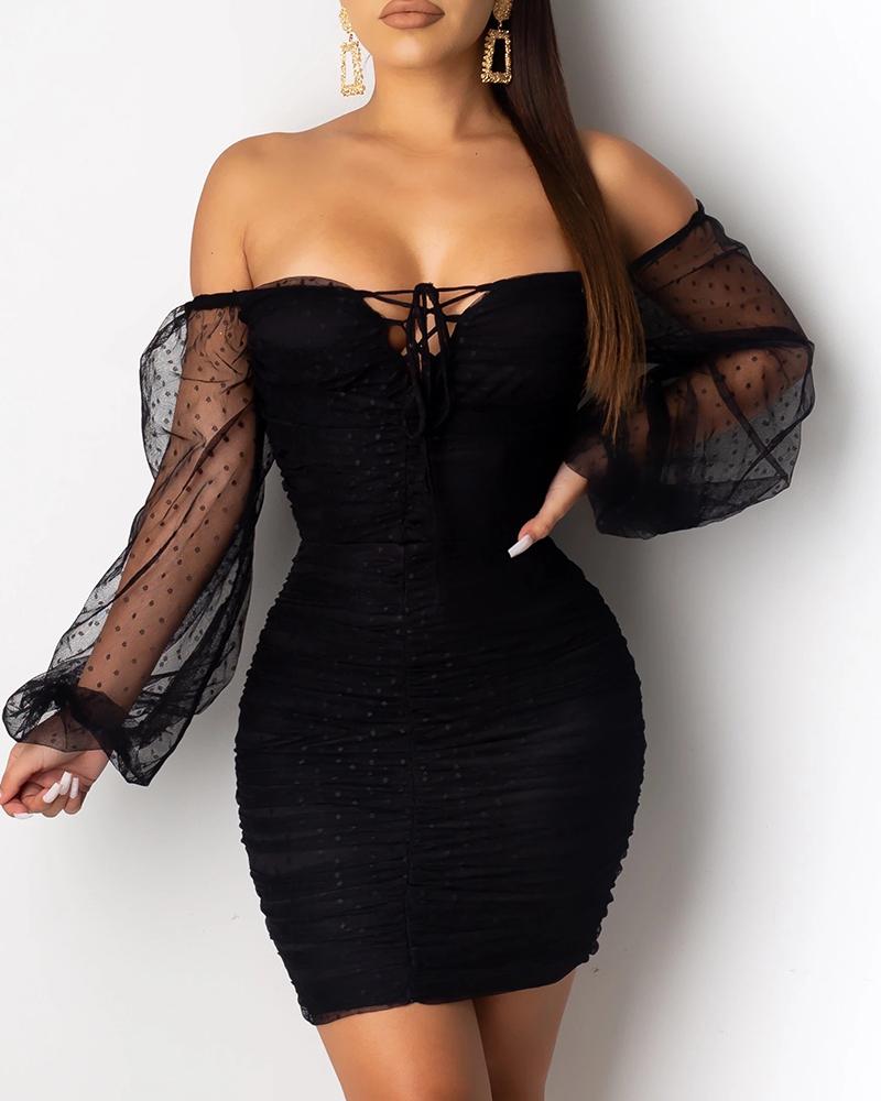 

Mesh Dot Off Shoulder Ruched Lace-Up Dress, Black
