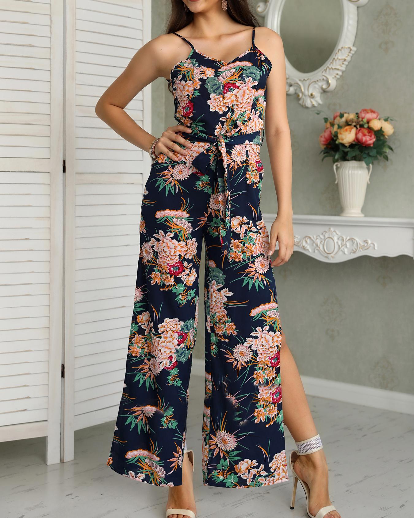

Floral Print Tied Waist Slit Spaghetti Strap Jumpsuit, Green