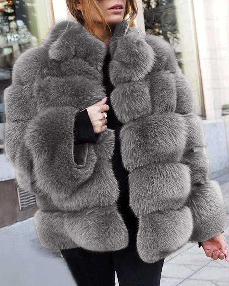 

Solid Fluffy Longline Casual Coat, Gray