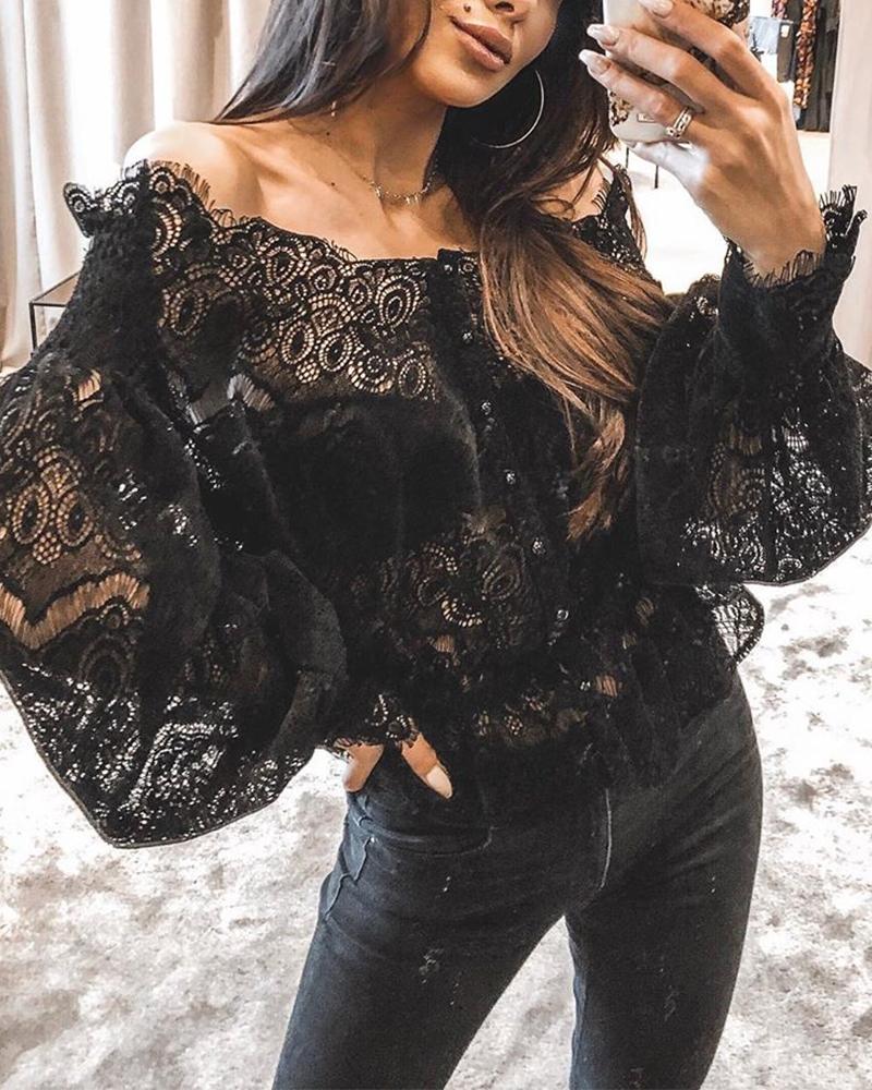 

Off Shoulder Lantern Sleeve Lace Top, Black