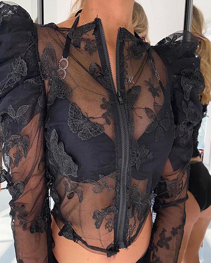 

Butterfly Pattern Lace Sheer Mesh Zip Coat, Black