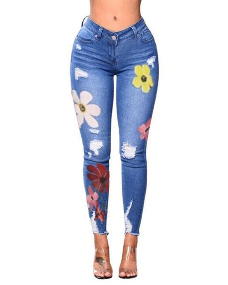

Floral Distressed Slim Leg Jeans, Dark blue