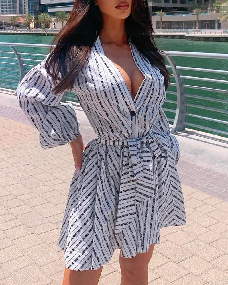 

Print Striped Tied Shirt Dress, White
