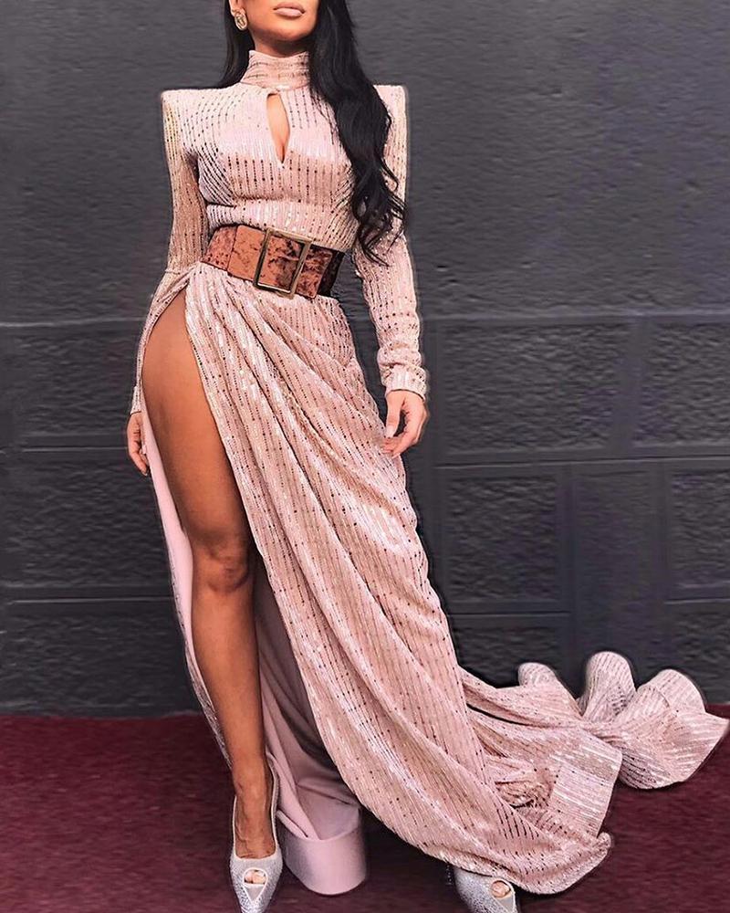 

Glitter Cut Out High Slit Evening Dress, Pink
