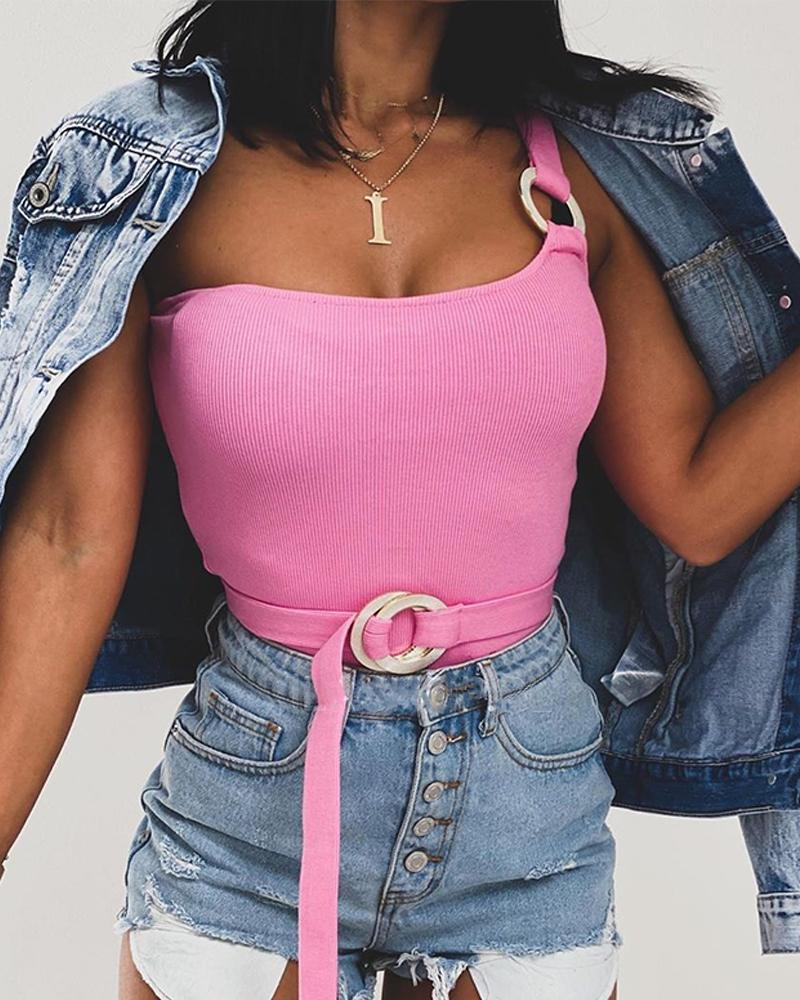 

One Shoulder Ribbed Bodysuit, Pink