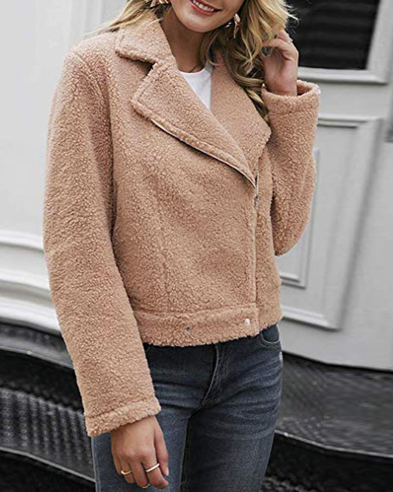 

Solid Notched Collar Zipper Design Fluffy Coat, Apricot