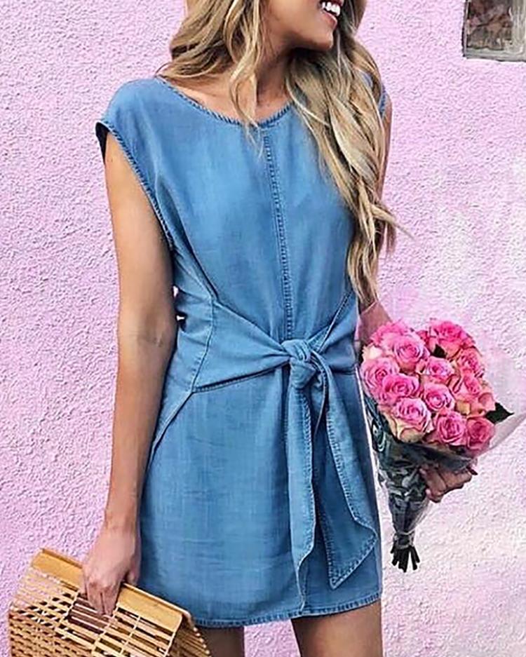 

Denim Boat Neck Knot Front Mini Dress, Blue