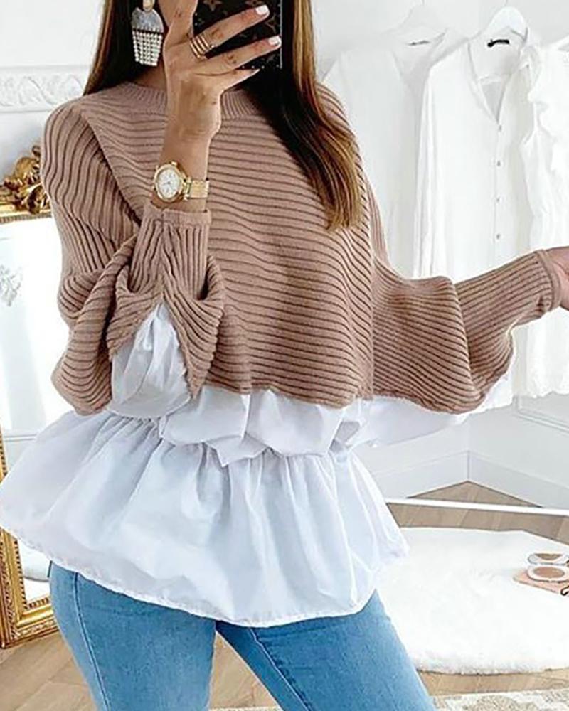 

Colorblock Insert Ruffles Ribbed Batwing Sleeve Blouse, Coffee