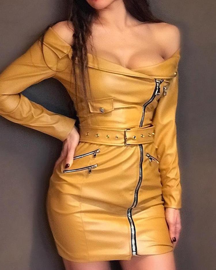 

Off Shoulder Zipper Design Belted PU Dress, Dark yellow