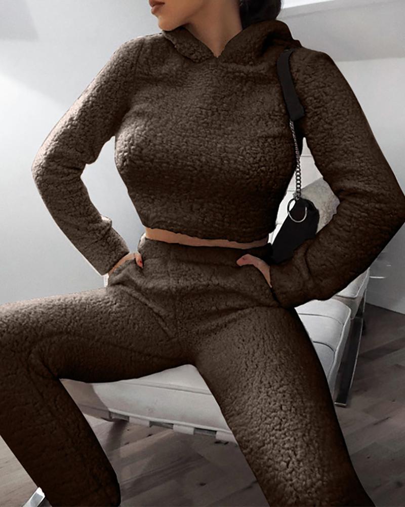 

Plain Long Sleeve Teddy Hooded Crop Top & High Waist Pants Set, Coffee