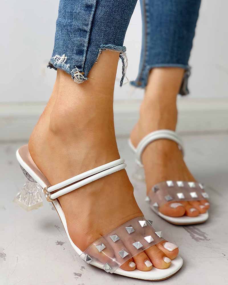 

Transparent Rivet Design Double Strap Sandals, White