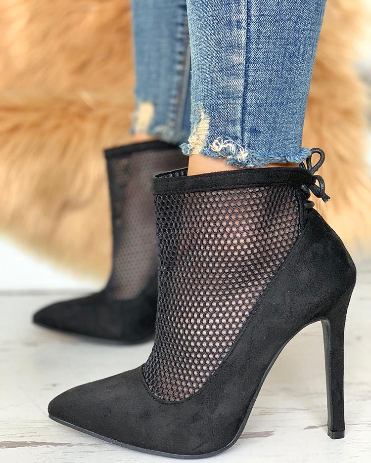 

Fishnet Splicing Pointed Toe Ankle Boots, Black