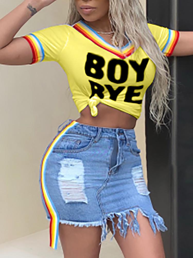 

Letter Print Striped Tape Crop Tee