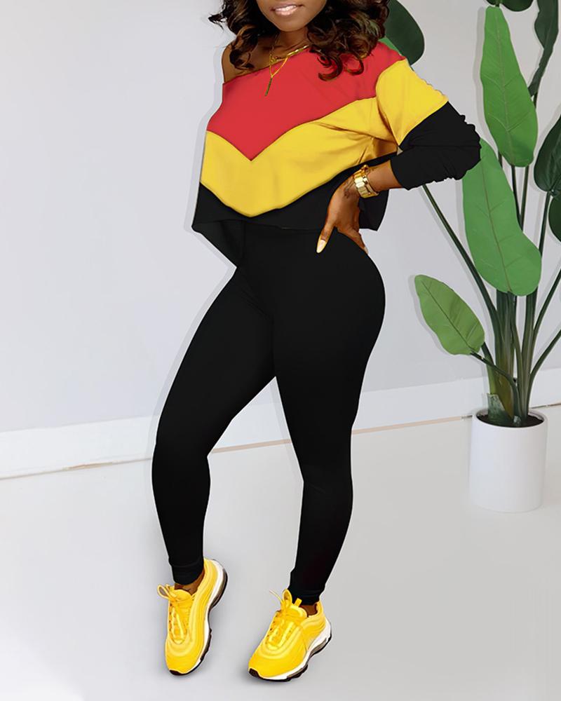 

Skew Neck Colorblock Long Sleeve Top & Pants Sets, Black