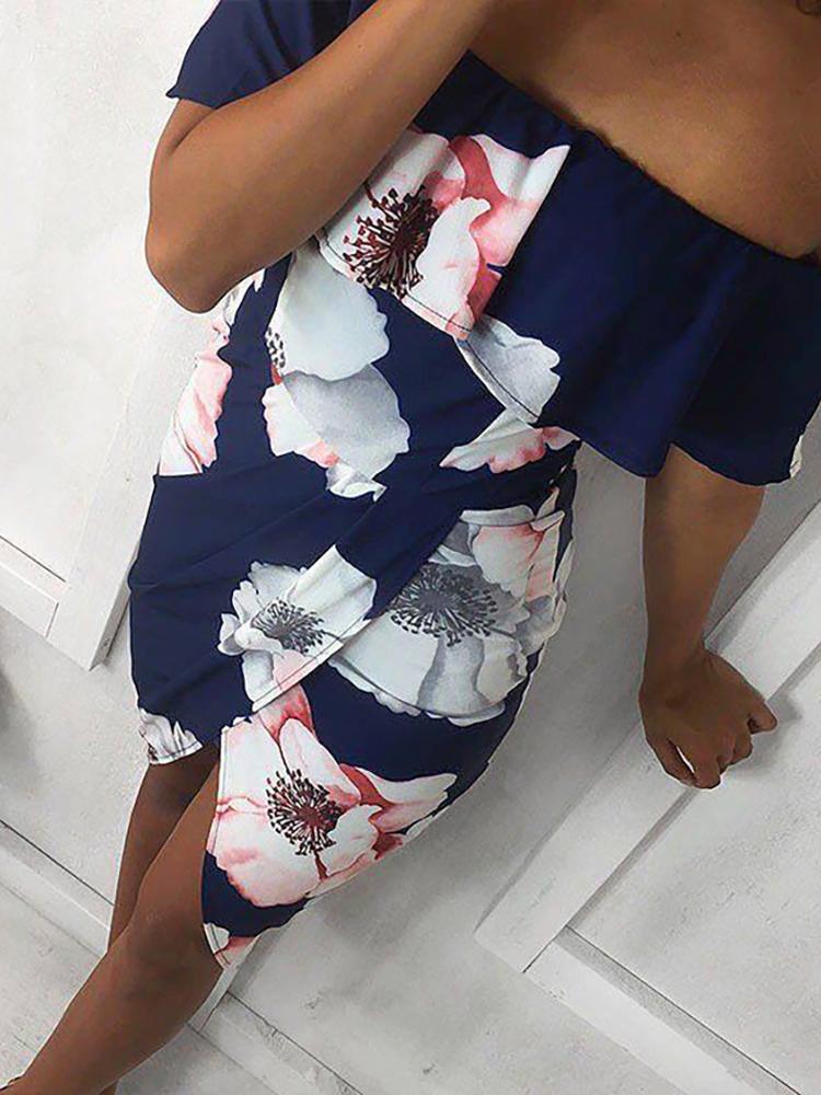 

Floral Print Ruffles Off Shoulder Wrapover Dress, Dark blue