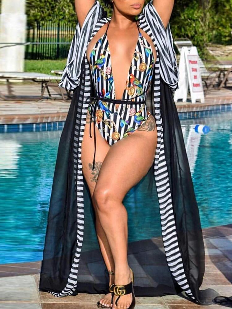 

Striped Halter One-piece Swimwear With Cover Up Set, Black