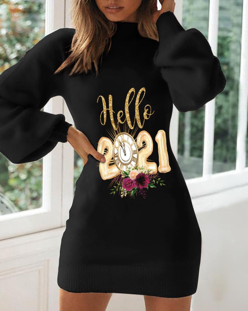 

Letter Floral Print Lantern Sleeve Dress, Black