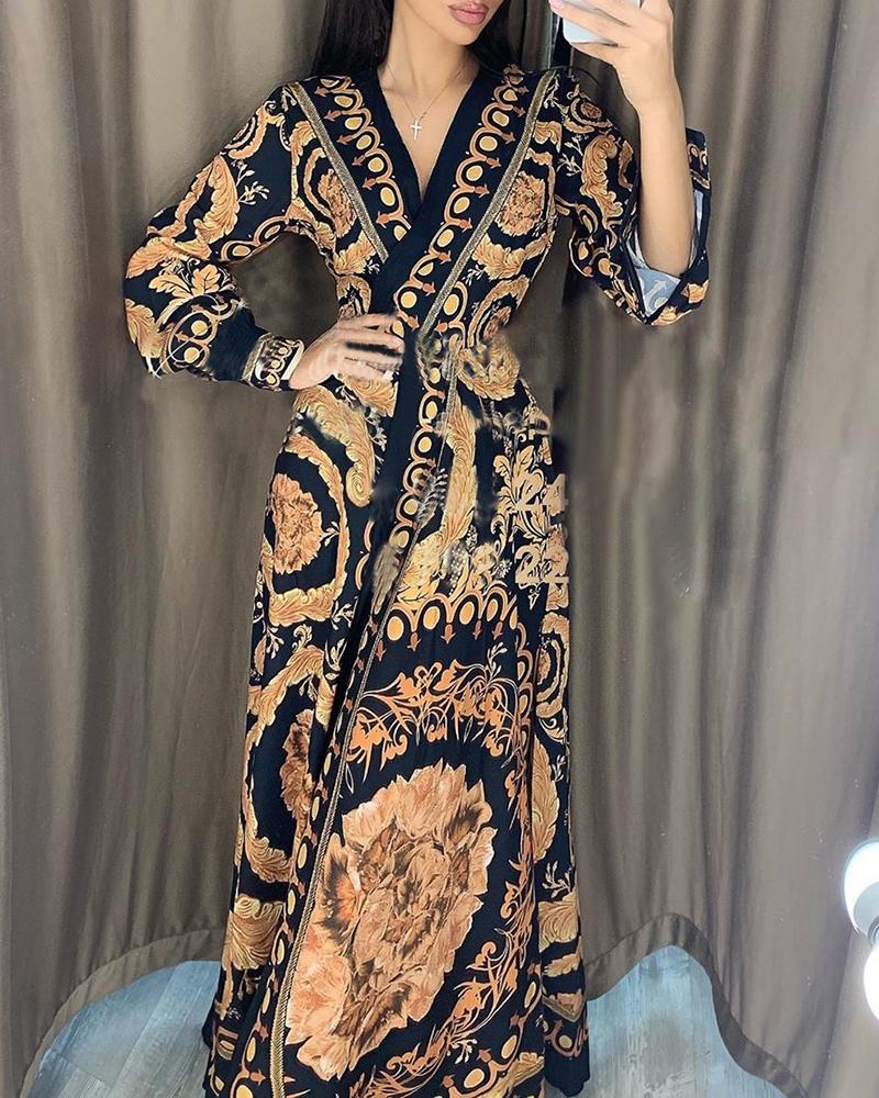 

Ethnic Print V-Neck Wrap Maxi Dress