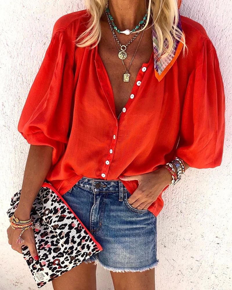 

V-neck Half Sleeve Casual Shirt, Red
