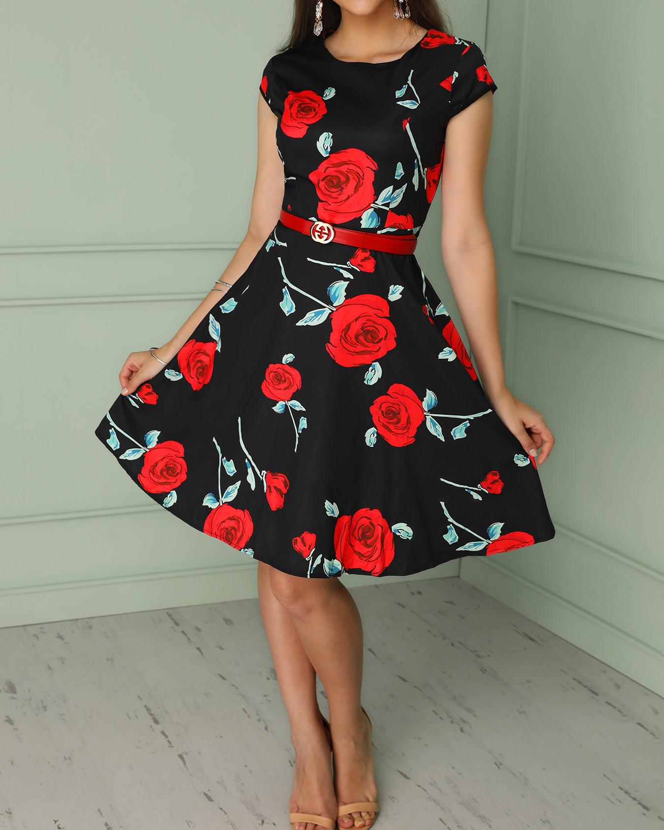 

Rose Print Short Sleeve Pleated A-Line Belted Dress, Black