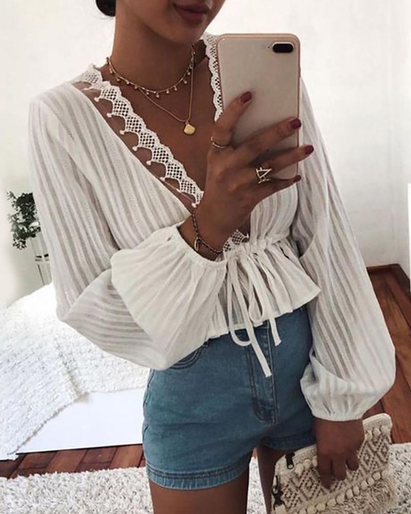 

Drawstring V Neck Lantern Sleeve Blouse, White
