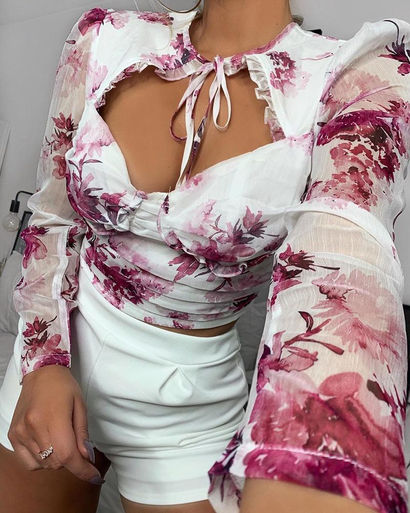 

Floral Print Cut Out Blouse, Pink