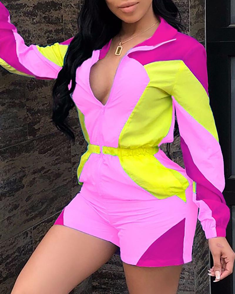 

Colorblock Insert Zipper Design Romper, Hot pink