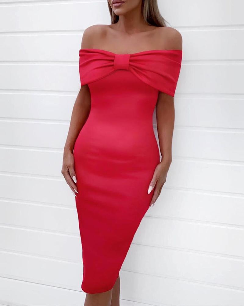 

Off Shoulder Bowknot Fold-Over Bodycon Dress, Red