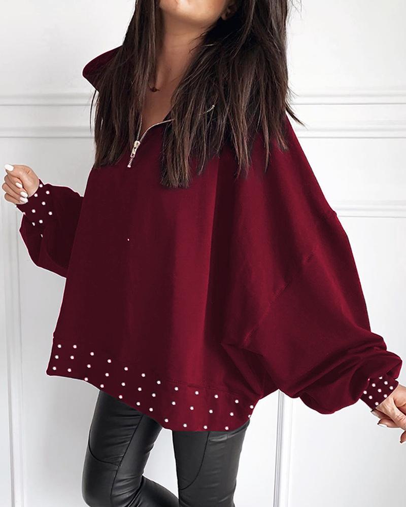 

Beaded Detail Zipper Casual Blouse, Wine red