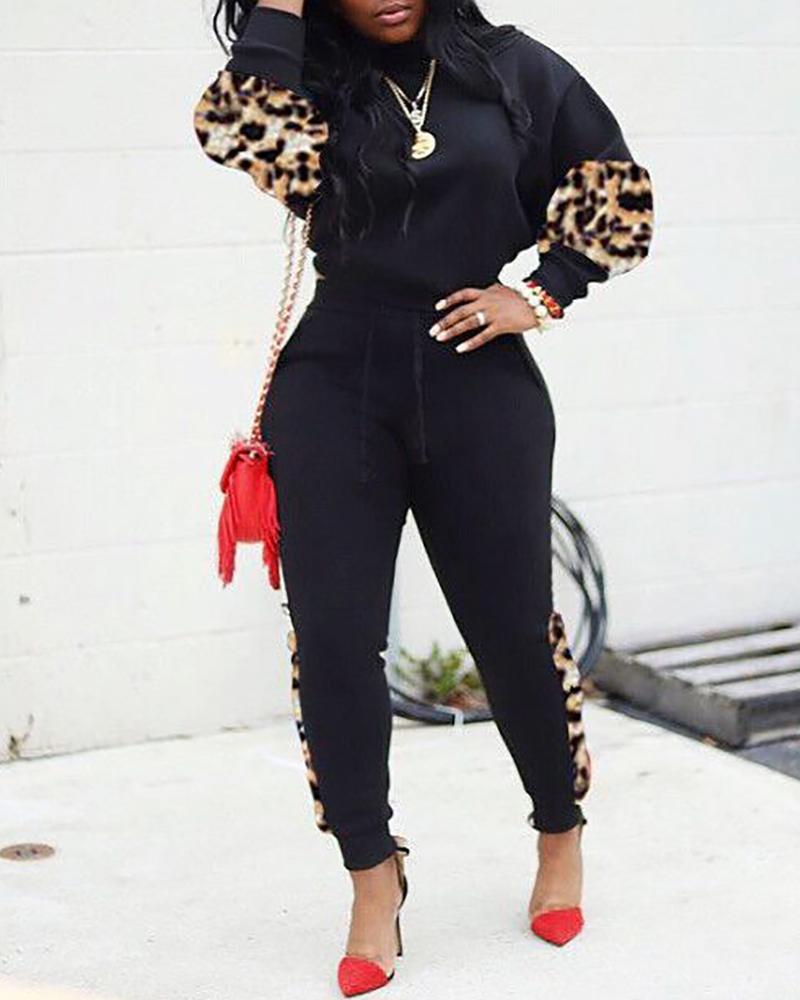 

Leopard Print Top & Drawstring Design Pant Sets, Black