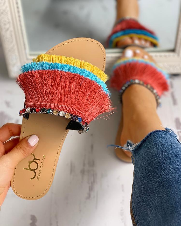 

Colorful Tassel Design Flat Sandals